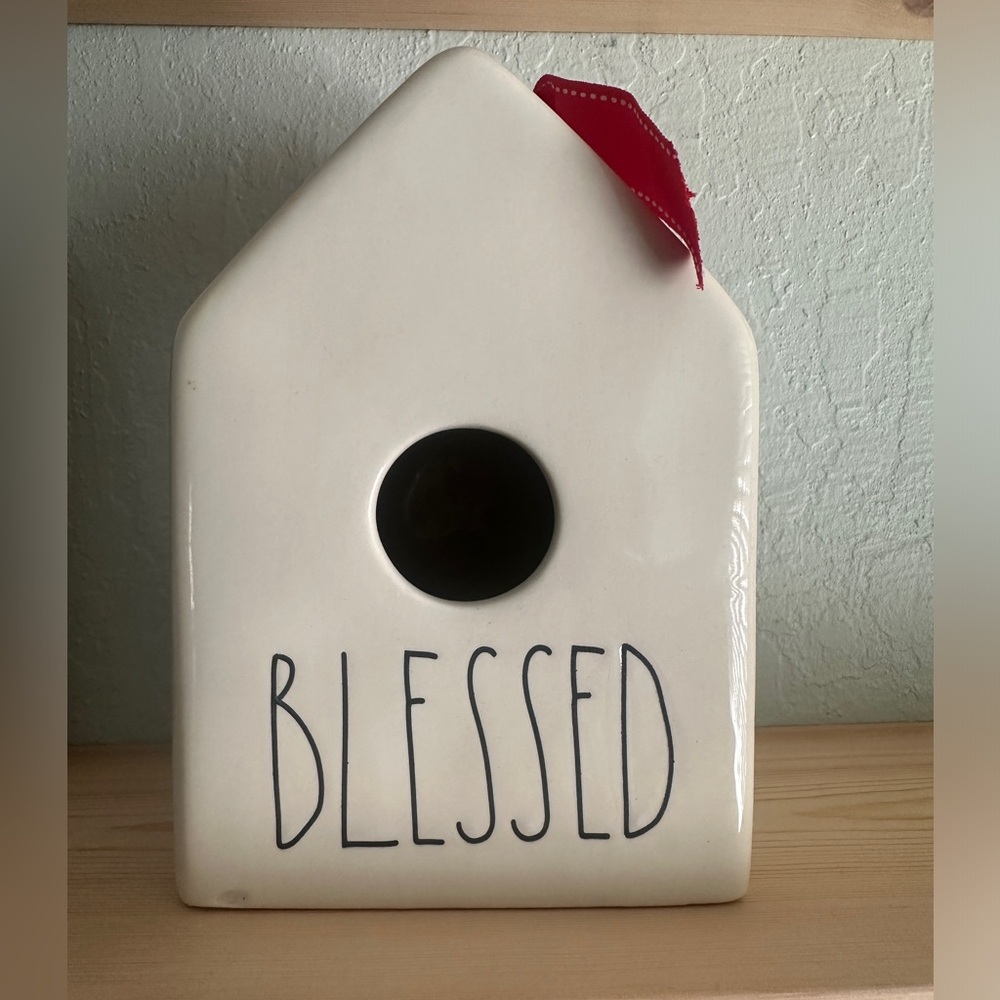 Rae Dunn blessed ceramic bird house with ribbon